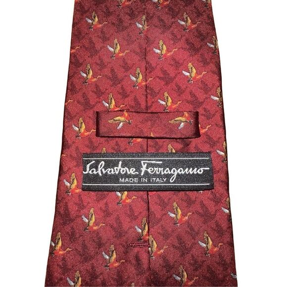 Salvatore Ferragamo Red Pheasant Print Handmade Neck Tie - Picture 3 of 7